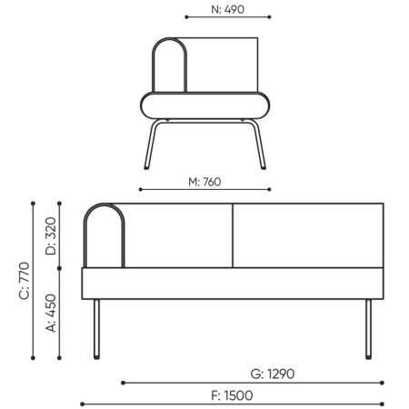 Dimensions du canapé 412 R LINJE.