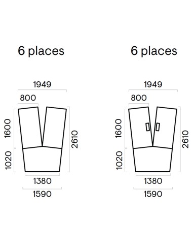 Plan coté et dimensions de la table en V 6 places - Nova U