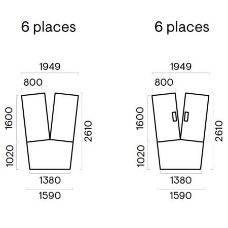 Plan coté et dimensions de la table en V 6 places - Nova U