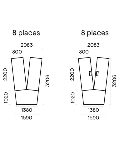 Plan coté et dimensions de la table en V 6 places - Nova U