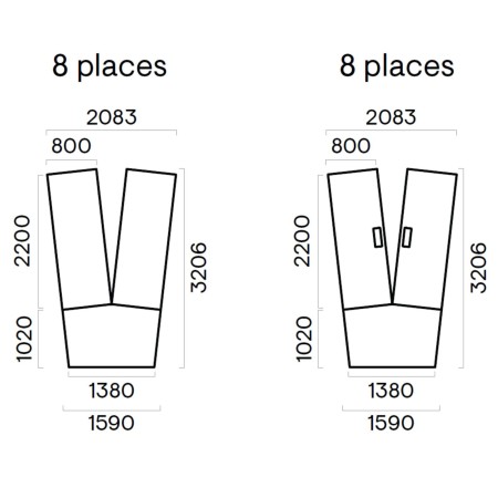 Plan coté et dimensions de la table en V 6 places - Nova U