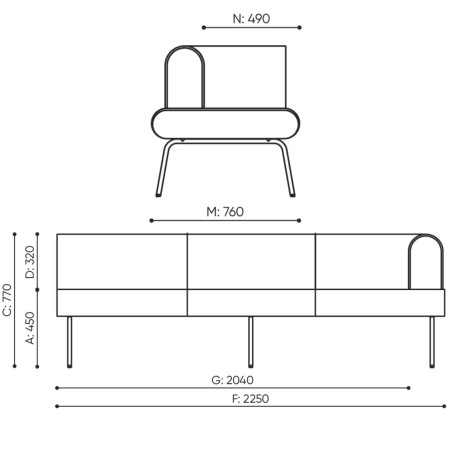 Dimensions du module 3 places avec accoudoir droit LINJE 413 R.