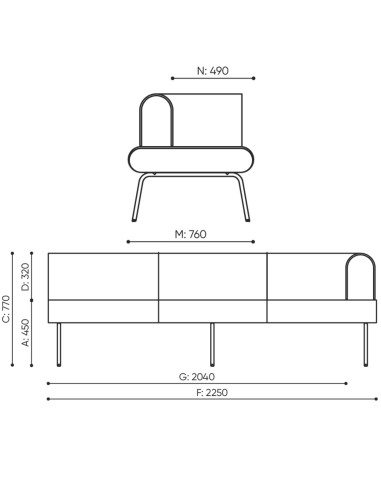 Dimensions du module 3 places avec accoudoir droit LINJE 413 R.