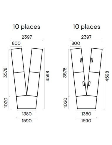 Plan coté et dimensions de la table en V 10 places - Nova U