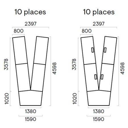 Plan coté et dimensions de la table en V 10 places - Nova U