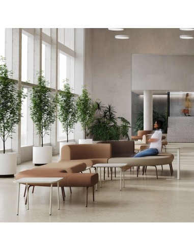 Composition de canapés modulaires LINJE avec modules courbes dans un espace lounge professionnel.