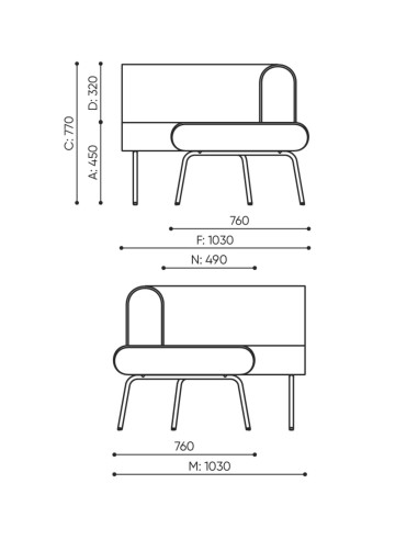 Dimensions du module canapé d’angle courbe LINJE LE 901 OUT.