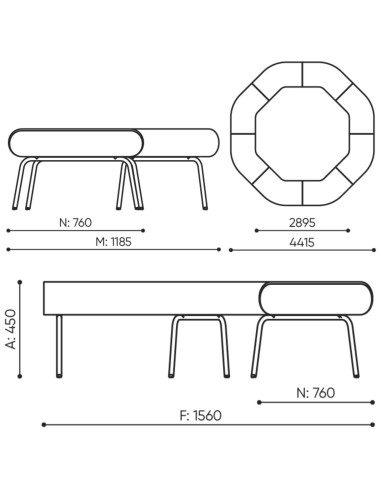 Dimensions de la banquette modulaire LINJE 45.
