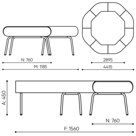 Dimensions de la banquette modulaire LINJE 45.