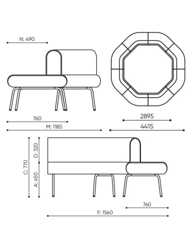 Dimensions de la banquette LE 45 IN modulaire.