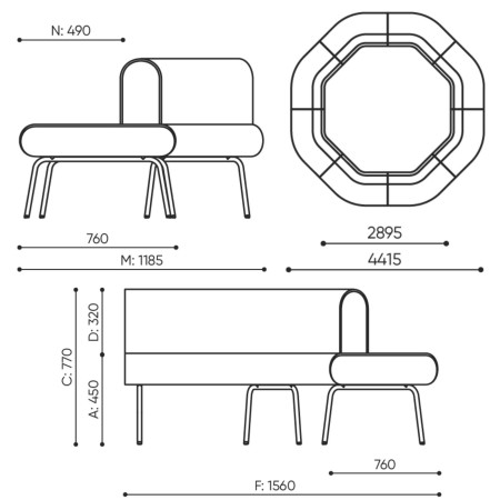 Dimensions de la banquette LE 45 IN modulaire.