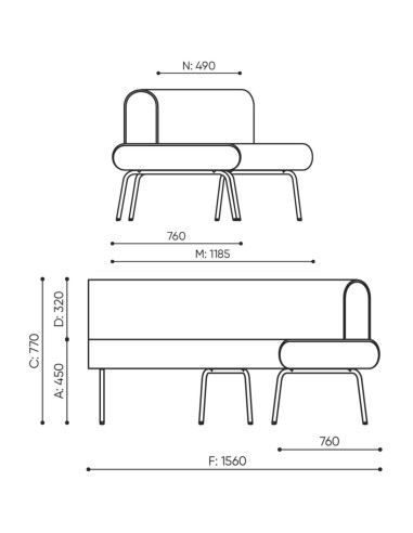 Dimensions du canapé modulaire LE45 OUT.