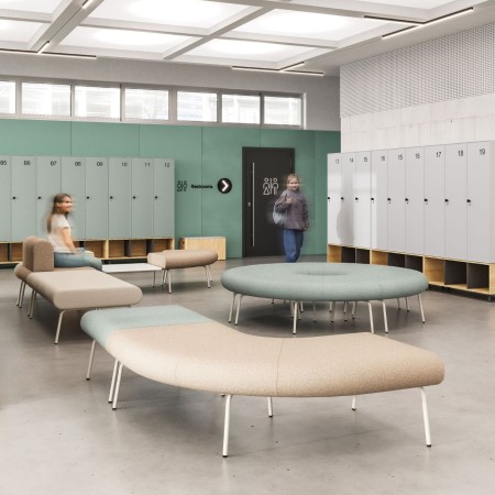 Vestiaires à Lausanne dans un espace de formation avec banquettes arrondies LINJE.