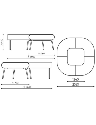Dimensions banquette courbe 90° LINJE LE90.