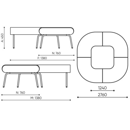 Dimensions banquette courbe 90° LINJE LE90.
