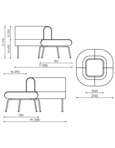 Dimensions du module LE90 IN LINJE du canapé modulaire.