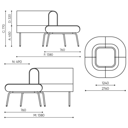 Dimensions du module LE90 IN LINJE du canapé modulaire.