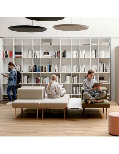 Banquettes modulables LINJE avec assises et dossiers en tissu dans un espace de lecture professionnel à Lausanne.