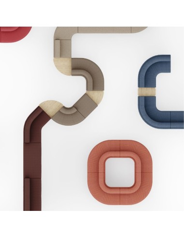 Vue de dessus de différentes configurations de canapé modulable LINJE modules droits, courbes et éléments de liaison en bois.