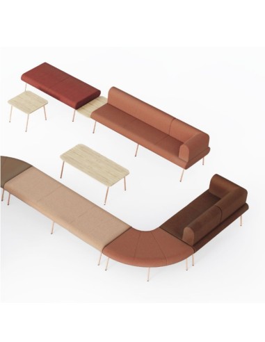 Composition de canapé LINJE modulable avec banquettes droites et courbes, dossiers rembourrés et tables basses en bois.