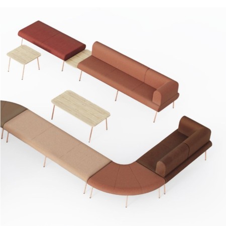 Composition de canapé LINJE modulable avec banquettes droites et courbes, dossiers rembourrés et tables basses en bois.
