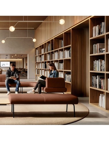 Banquettes modulables LINJE en tissu brun dans un espace de lecture et de travail professionnel à Lausanne.