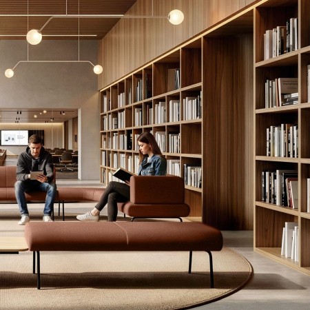 Banquettes modulables LINJE en tissu brun dans un espace de lecture et de travail professionnel à Lausanne.