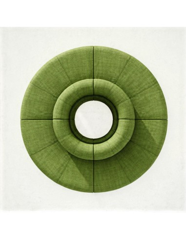 Vue de dessus d’un canapé modulable LINJE circulaire vert composé d’assises courbes autour d’un espace central.