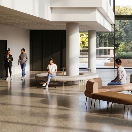 Banquettes modulables LINJE disposées autour de piliers dans un hall d’accueil professionnel à Genève.