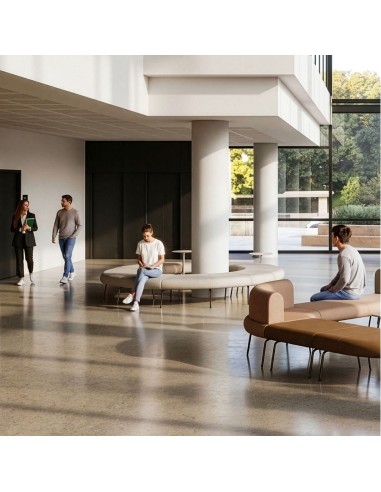 Banquettes modulables LINJE disposées autour de piliers dans un hall d’accueil professionnel à Genève.