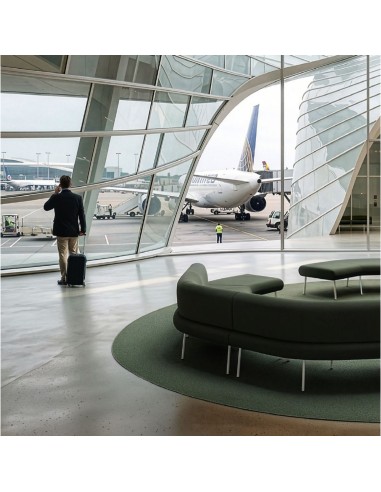 Banquette courbe modulable LINJE verte dans un espace d’attente d’aéroport à Genève.