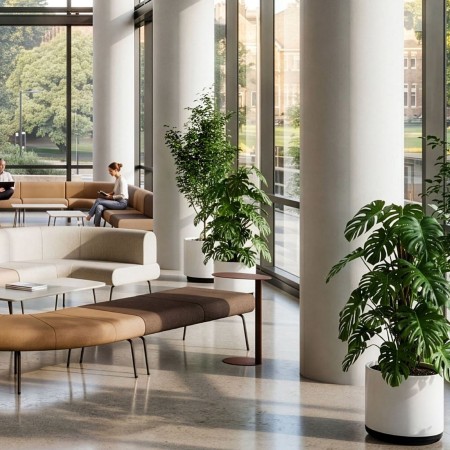 Canapés et banquettes modulables LINJE aux formes courbes aménagés dans un vaste espace d’accueil professionnel à Genève.