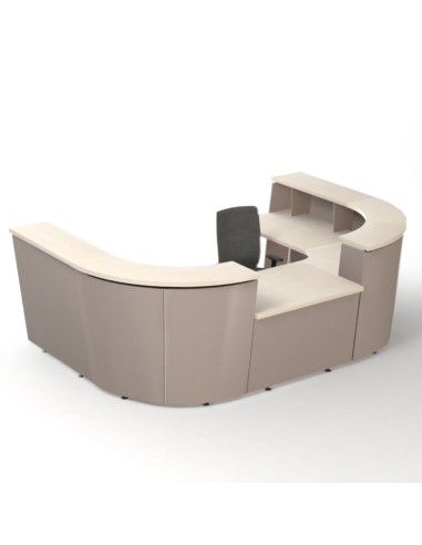 Banque d’accueil modulaire TERA en composition courbe et droite avec comptoir surélevé.
