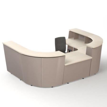 Banque d’accueil modulaire TERA en composition courbe et droite avec comptoir surélevé.