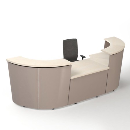Comptoir de réception TERA avec module droit et façade courbe en configuration compacte.