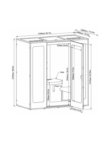Dimensions cabine acoustique Camden 2 places 210x188,8x225 cm