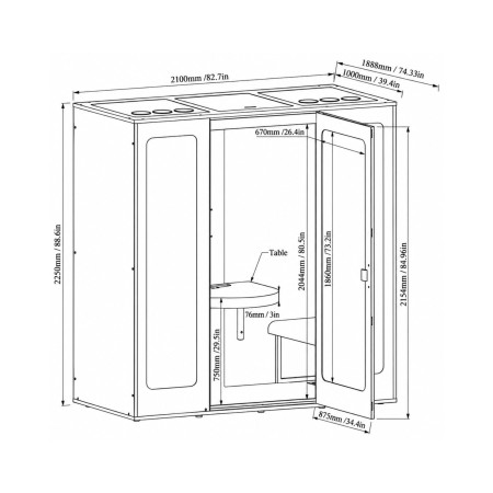 Dimensions cabine acoustique Camden 2 places 210x188,8x225 cm