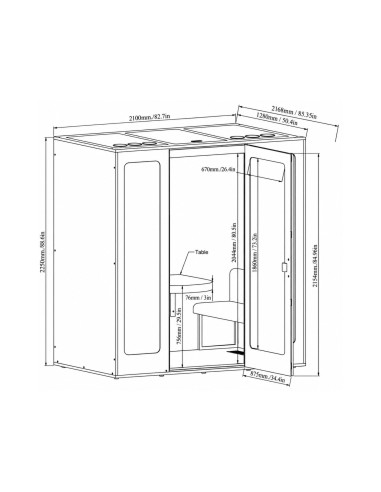 Dimensions cabine acoustique Camden 4 places 210x128x225 cm