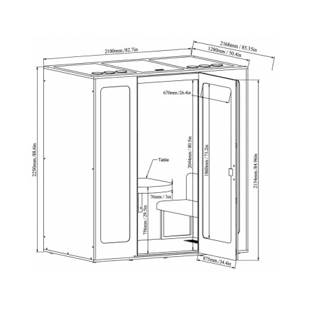Dimensions cabine acoustique Camden 4 places 210x128x225 cm
