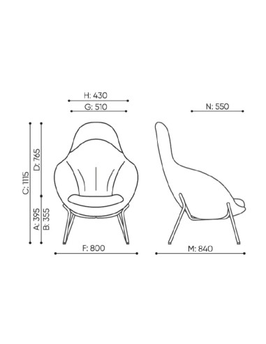 Dimensions du fauteuil avec vues de face, dessus et profil - Vieni