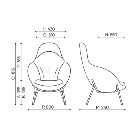 Dimensions du fauteuil avec vues de face, dessus et profil - Vieni