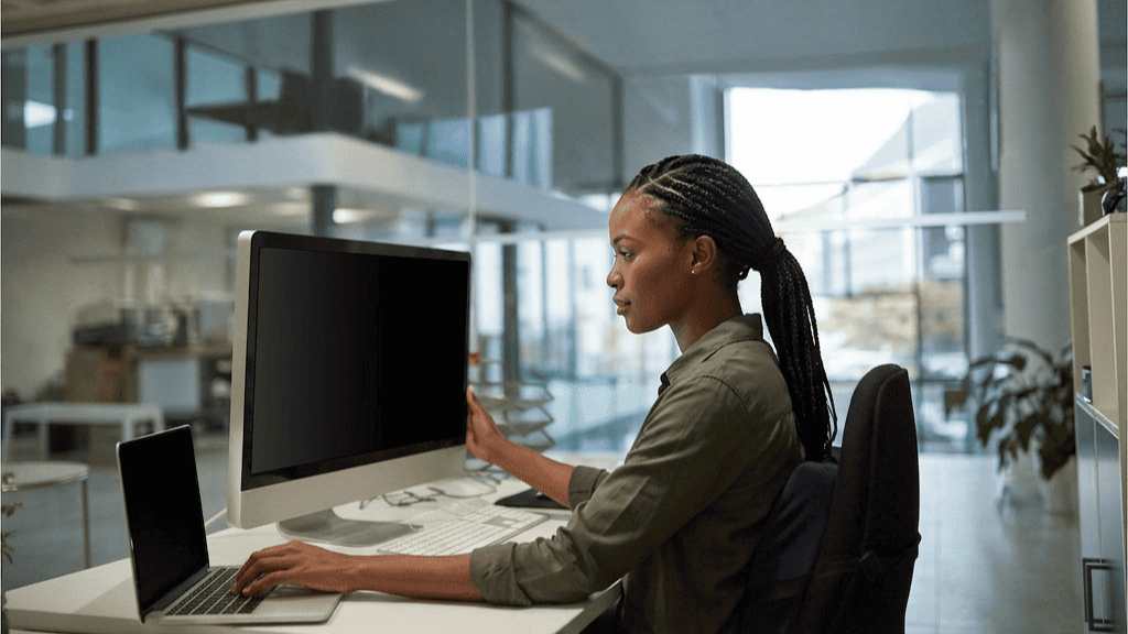 Open space d’entreprise en Suisse avec bureaux assis debout et postes de travail ergonomiques