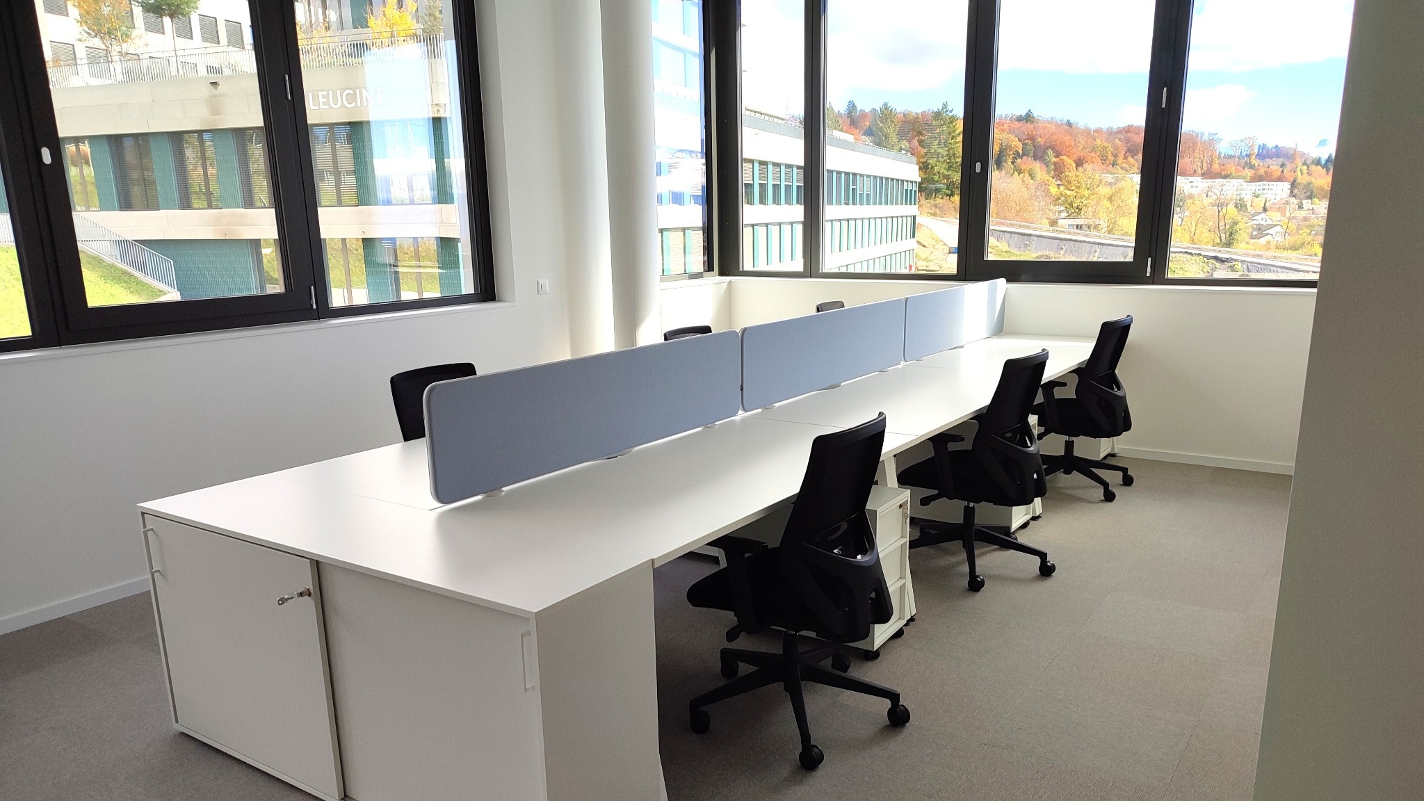 Aménagement de bureaux en open space en Suisse avec bureaux assis debout et panneaux acoustiques