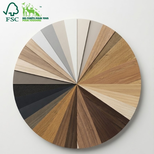23 coloris de plateaux mélaminés certifiés FSC pour bureau assis-debout Move-Up, finitions bois et unies