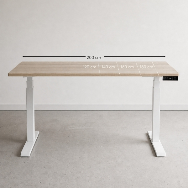 Bureau assis-debout Move-Up disponible en 20 dimensions, 5 longueurs de 120 à 200 cm et 4 profondeurs de 60 à 90 cm