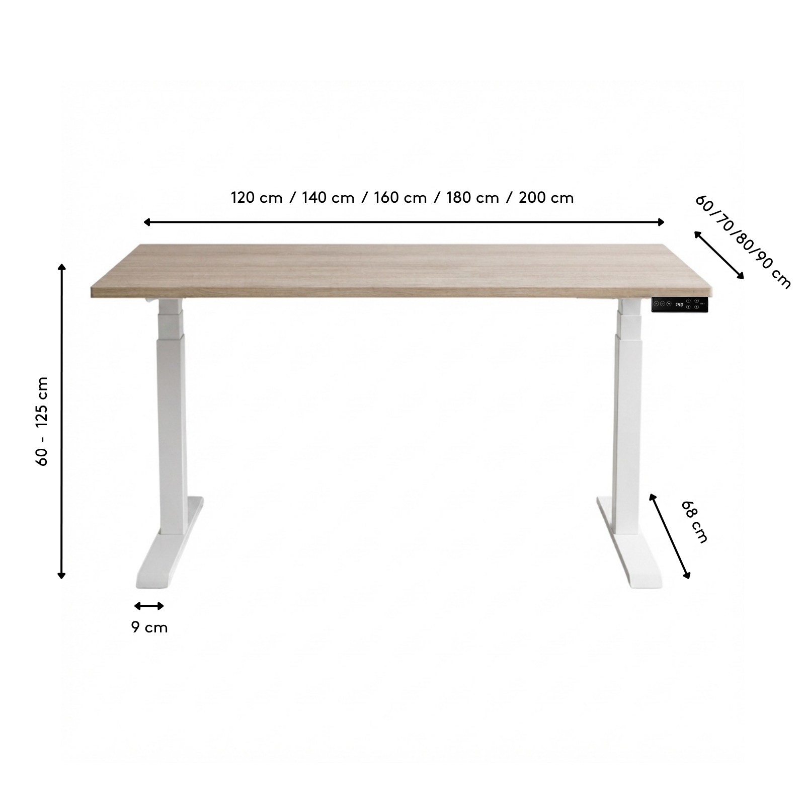 Bureau assis-debout Move-Up disponible en 20 dimensions de 120 à 200 cm, réglable en hauteur de 60 à 125 cm
